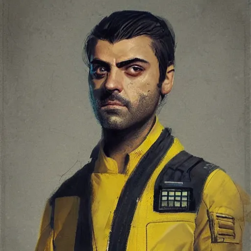 Image similar to portrait of a man by greg rutkowski, he looks like oscar isaac, star wars expanded universe, he is about 3 0 years old, wearing yellow and black starfighter pilot uniform from the galactic triunvirate.