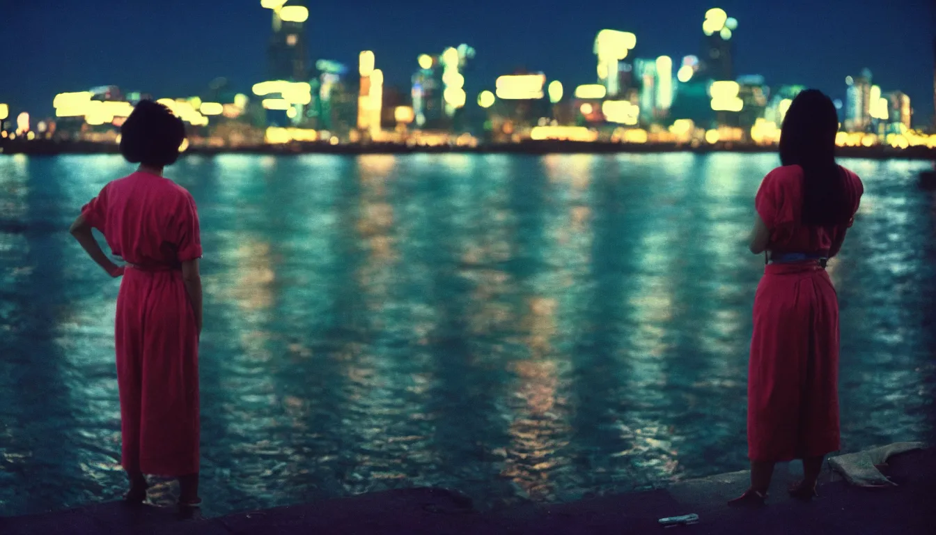 Prompt: 80s asian neon movie still with a lone woman by the river at night with city lights behind his back. hyperrealistic, high definition, medium format photography, highly detailed, tehnicolor, anamorphic 50mm lens