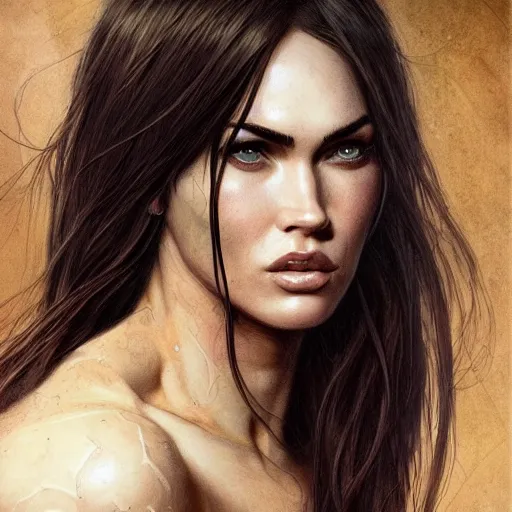 Image similar to portrait of megan fox, muscular upper body, fantasy, intricate, elegant, highly detailed, digital painting, artstation, concept art, matte, sharp focus, illustration, art by aenaluck and roberto ferri and greg rutkowski, epic fantasy, digital painting