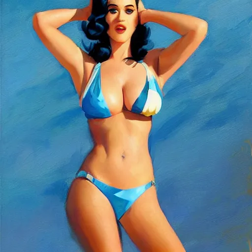 Prompt: katy perry in a bikini, artwork by greg manchess, medium shot, asymmetrical, organic painting, sunny day, matte painting, bold shapes, hard edges, street art, trending on artstation, by huang guangjian and gil elvgren and sachin teng