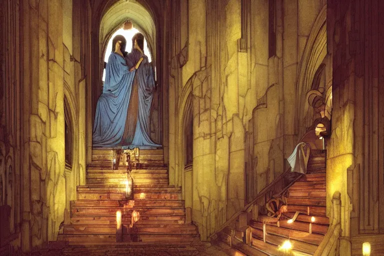 Image similar to inside the sepulchre, dark scene, light coming in from the left, steps leading down, 3 marys crouching in colored robes at the tomb | medium close | fibonacci composition, by artgerm, greg rutkowski, paul bagshaw, alphonse mucha