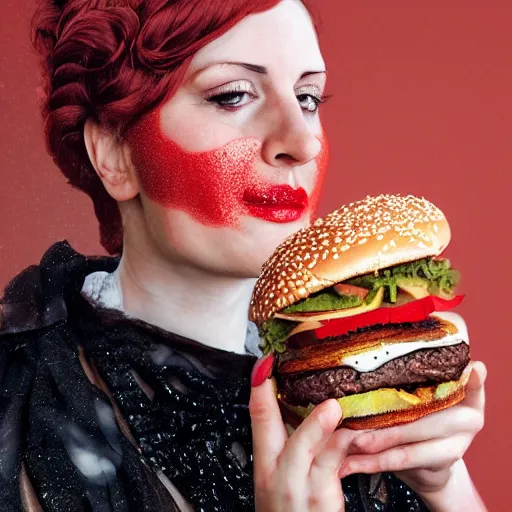 Image similar to victorian lady eating a burger, full body, intrincate, red and white, glitter, depth of field, 8k, hyper detailed, trending on artstation