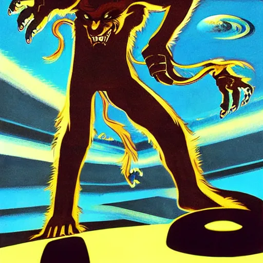 Prompt: werewolf, transformed on the night of the full moon, with his feet on a broken spaceship. the background is far away from earth in syd mead style