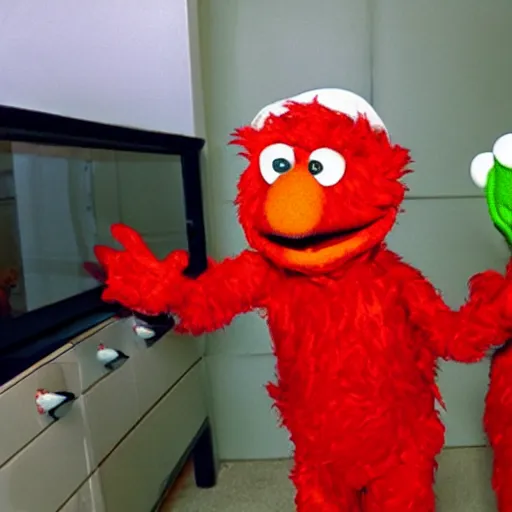 Prompt: elmo has a psychotic break and violently beats kermit to death