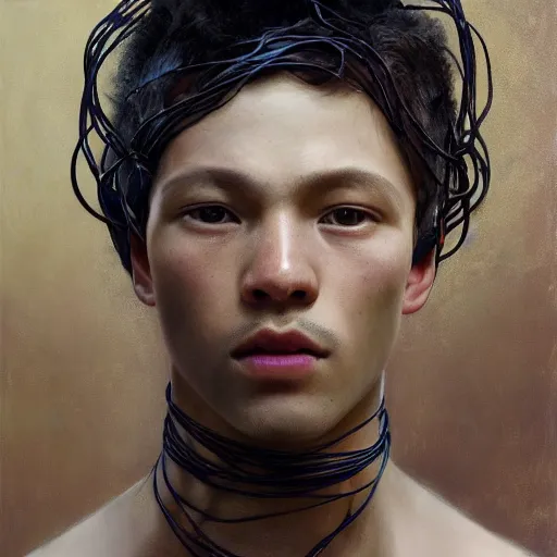 Image similar to hyperrealist portrait of elijah zu bailey, it is decorated with long wires that fall like vines and wears small computers over their body. by jeremy mann and alphonse mucha, fantasy art, photo realistic, dynamic lighting, artstation, poster, volumetric lighting, very detailed faces, 4 k, award winning