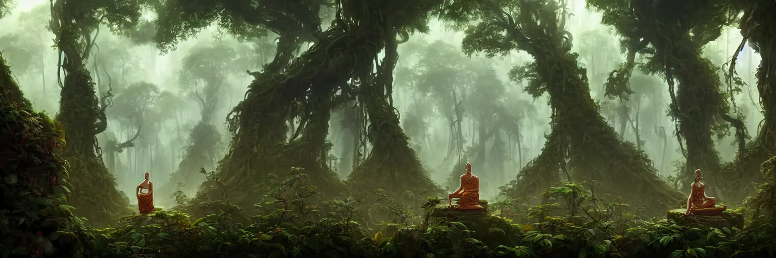 Image similar to Mysterious beautiful Buddhist forest, full of strange creatures and hidden buildings, forgotten ruined temples and ancient stone statues of forbidden sacred gods, jungle vines and fireflies, ayahuasca spirits drifting in the morning light, travellers beneath the giant trees, matte painting by Peter Mohrbacher, featured in artstation, octane render, cinematic, elegant, intricate, 8k