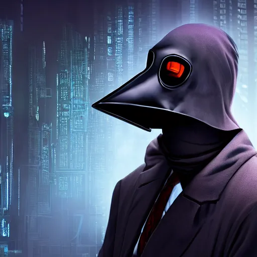 Image similar to cyberpunk inspired plague doctor hacking, 4 k, stunning, shifted angle