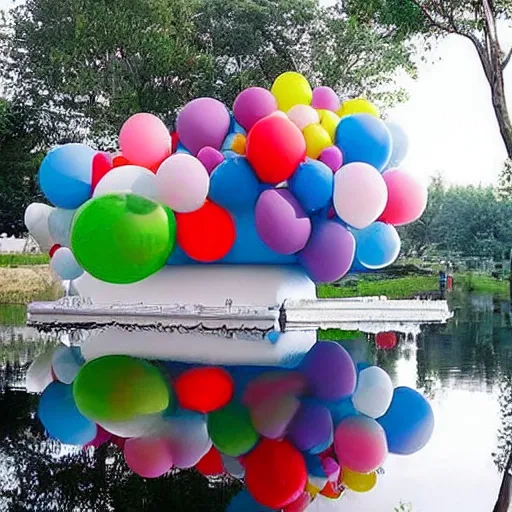 Image similar to floating house inspired by movie up, held by ballons in the air