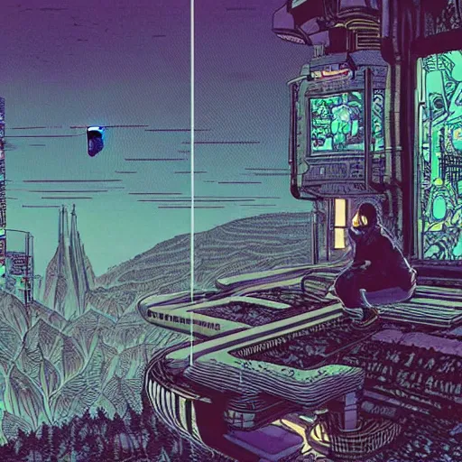 Image similar to Stunningly intricate illustration of single cyberpunk explorer overlooking lush forest, highly detailed, midnight, small glowing orbs by Moebius,