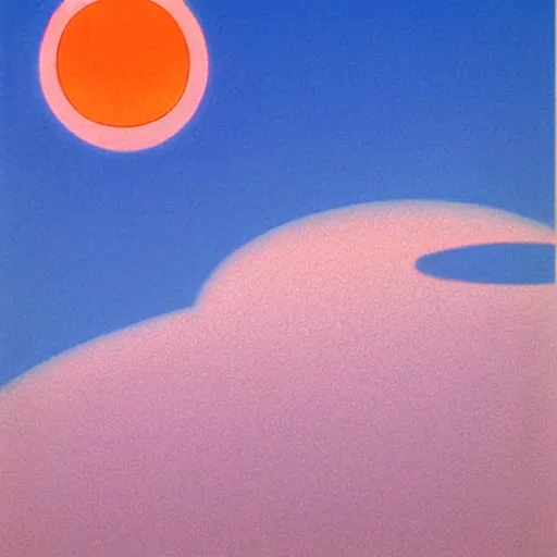 Image similar to hiroshi nagai painting. the sun has a face with many eyes and teeth. seen through the fog