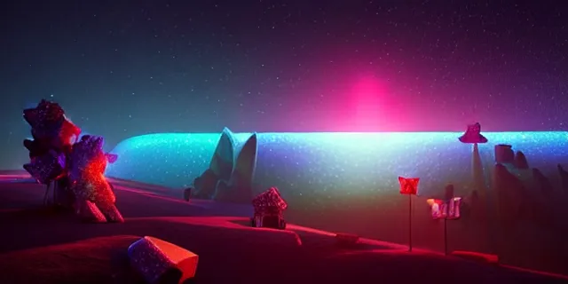 Image similar to a beautiful network of glowing cubes appears in the sky above a fantasy landscape, atmospheric lighting, intricate, volumetric lighting, beautiful, sharp focus, ultra detailed, in the art style of bowater charlie, brom gerald, astrophotography, rendered in cinema 4 d, quantum wavetracing, rendered in maya