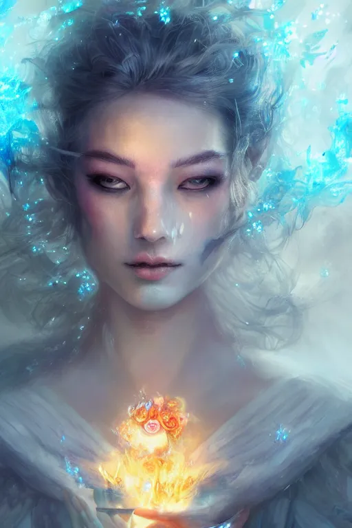 Image similar to face closeup of extremely beautiful girl necromancer, magical fairy flowers and ice, angels, 3 d render, hyper - realistic detailed portrait, holding fire and electricity rainbow, ruan jia, wlop. scifi, fantasy, magic the gathering, hyper detailed, octane render, concept art, peter mohrbacher