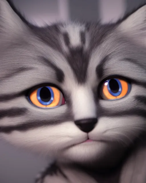 Prompt: cute fluffy kitten looking into the camera, big eyes, 3 d render, pixar style, octane render, very detailed