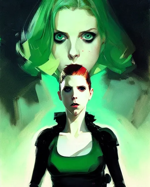 Prompt: Joshua Middleton comic art, Jeremy Mann art, artgerm, cinematics lighting, beautiful Anna Kendrick supervillain, green dress with a black hood, angry, symmetrical face, Symmetrical eyes, full body, flying in the air over city, night time, red mood in background