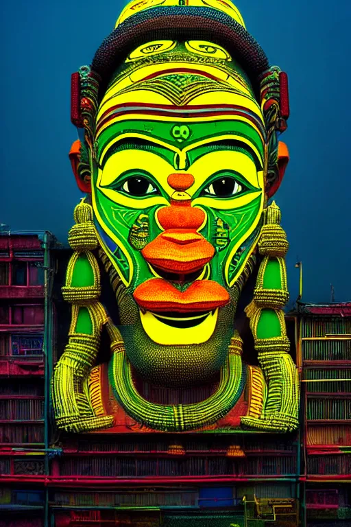 Image similar to high quality photo hyperrealistic cyberpunk hanuman head building, neon yellow madhubani, highly detailed, in sci - fi mumbai, cinematic smooth, lee madgwick & liam wong, moody light, low angle, uhd 8 k, sharp focus