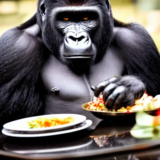 Image similar to gorilla at a fancy 5 star restaurant, eating an entire meal at his seat, 8k