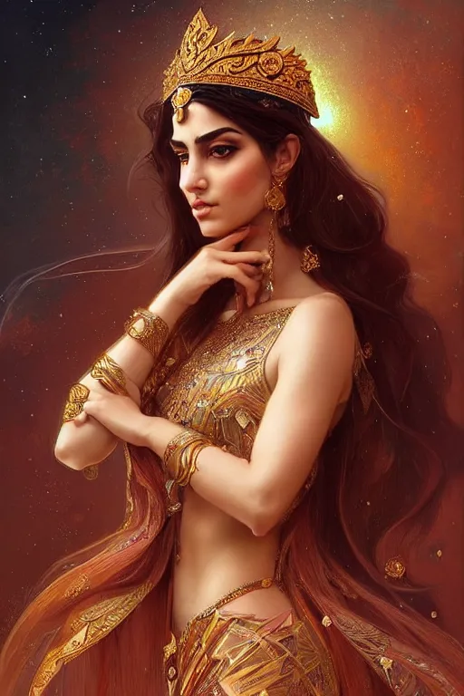 Image similar to Beautiful portrait of an attractive Persian Princess who is an architect, beautiful princess, face painting, persian architecture, dramatic lighting, intricate, wild, highly detailed, digital painting, artstation, concept art, smooth, sharp focus, illustration, art by artgerm and greg rutkowski and alphonse mucha, footage from space camera