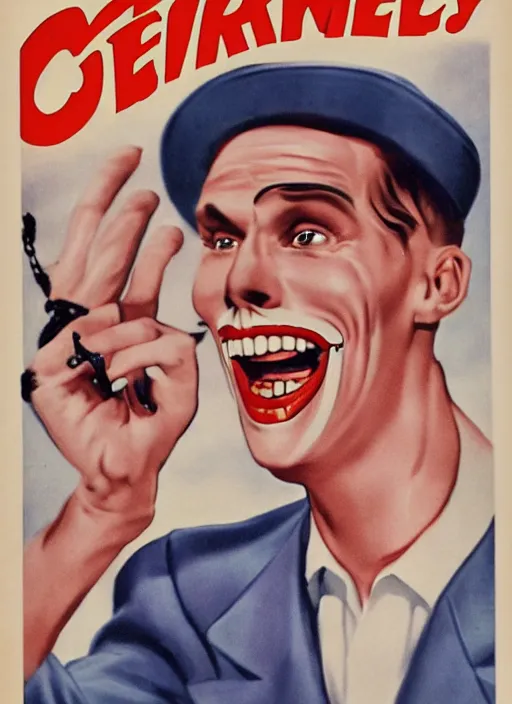 Image similar to creepy Jerma985 with a scary comically large smile, 1940s scare tactic propaganda art