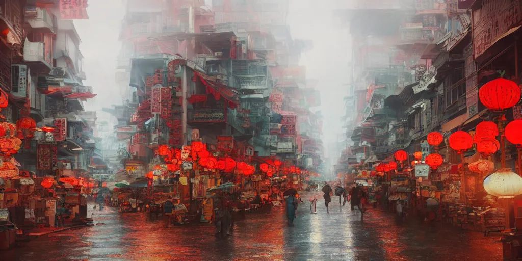 Image similar to a quiet petaling street in chinatown, kuala lumpur, pedestrians, cars, motorbikes, rainy day, matte painting, studio ghibli, artstation