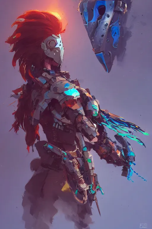 Image similar to combination suit armor aloy horizon forbidden west horizon zero dawn robot ninja mask helmet backpack tribal, fanart behance hd artstation by jesper ejsing, by rhads, makoto shinkai and lois van baarle, ilya kuvshinov, ossdraws