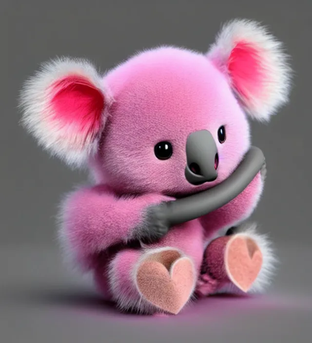 Prompt: high quality 3 d render hyperrealistic very cute small pink koala holding red heart,, plush mascot, short spiky dense fluffy smooth hair, photo from the side, pink fluffy fur, 1 5 0 mm, beautiful natural soft light, rim light, smooth background, artstation, ultra detailed, elegant, ultra detailed, metallic armor, octane render