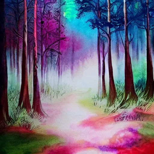 Prompt: a fantasy forest painting, in the style of van vogh, psychedelic, matte, watercolor