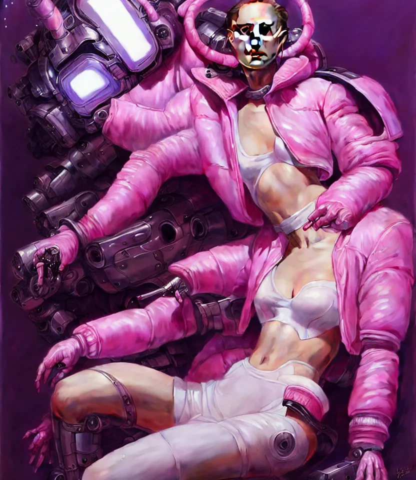 Image similar to beautiful fantasy character portrait of a natalie portman cyborg, wearing pink puffy bomber jacket with white fur, seductive reclining pose, lasers, ultra realistic, dramatic lighting, robots, the fifth element artifacts, highly detailed by peter mohrbacher, hajime sorayama, wayne barlowe, boris vallejo, aaron horkey, gaston bussiere, craig mullins
