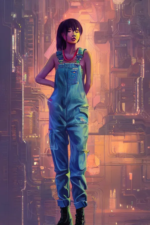 Image similar to a full body illustration of an Asian female cyberpunk character wearing dungarees, highly detailed, oil on canvas, soft lighting, neon pastel colors, by Glenn Fabry, HD, 4K