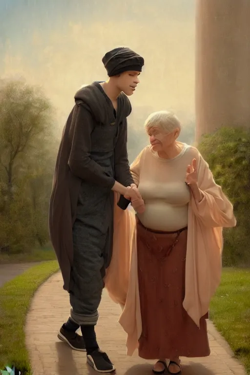 Prompt: Pete Davidson As A Short Midget Being Walked By Kim Kardashian As An Old Lady illustration, soft lighting, soft details, painting oil on canvas by Edmund Blair Leighton and Charlie Bowater octane render, HDR, trending on artstation, 4k, 8k, HD