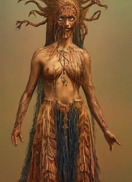 Prompt: full body portrait of marzanna slavic goddess with six arms in traditional slavic clothes : concept art zdzisław beksinski, hd, 4 k, ultra clear detailed : dark color gamma