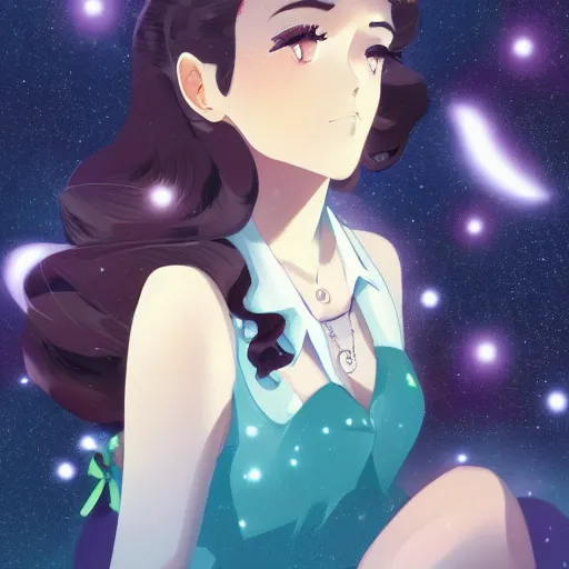 Image similar to portrait of a beautiful girl with dark hair dressed in 1940's style, looking up towards starry sky with tears running down cheek, nighttime city background, low-key neon lighting, 4k, HQ, official media, anime key visual, makoto shinkai, ilya kuvshinov, lois van baarle, rossdraws, detailed, trending on artstation