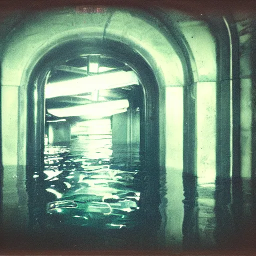 Prompt: flooded subway entrance, dark, liminal space, eerie, old polaroid,