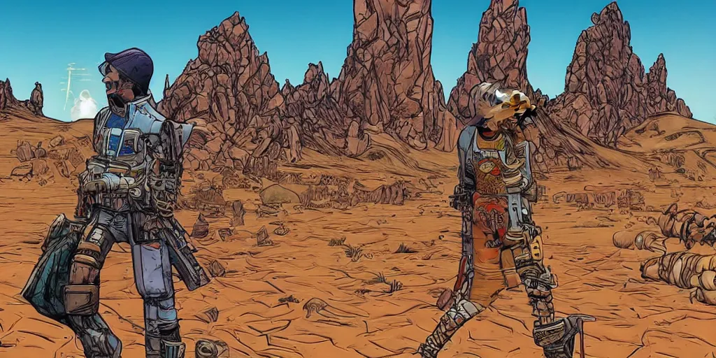 Image similar to Borderlands in the style of Jean Moebius Giraud