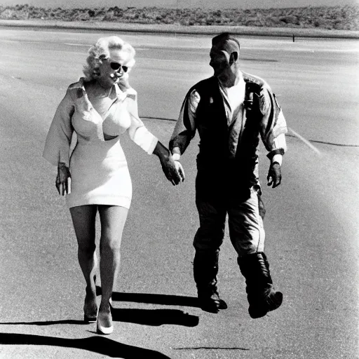 Image similar to marilyn monroe and astronaut walking across highway in arizona