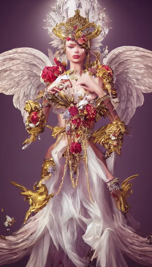 Image similar to expressive full body photo of sophia lauren as beautiful angel, smooth glowing skin, ornate headpiece made from flowers, ornaments, glamour shot, by karol bak, by stefan gesell, octane render, unreal engine, photorealistic, canon r 3, fashion photography, studio shot