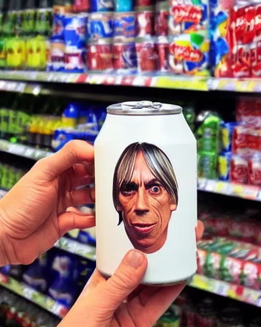 Prompt: a hand holding a soda can with iggy pop's face on the label, inside a supermarket