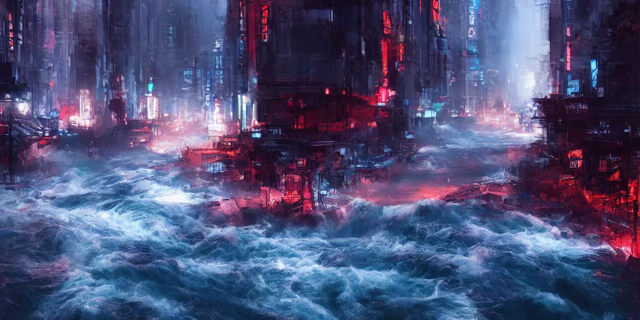 Prompt: street level view of turbulent river rapids rushing through a city at night , volumetric lighting, blue and red glowing lights, 4k, octane, digital painting, artstation, concept art, sharp focus, illustration, high contrast, high saturation , cinematic film still, by Jeremy Mann