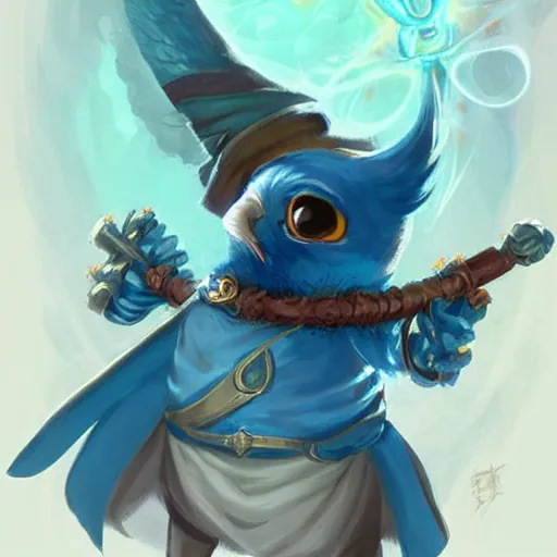 Image similar to cute little anthropomorphic blue jay, wielding a magic staff, tiny, small, short, wizard robe, cute and adorable, pretty, beautiful, dnd character art portrait, matte fantasy painting, deviantart artstation, by jason felix by steve argyle by tyler jacobson by peter mohrbacher, cinema