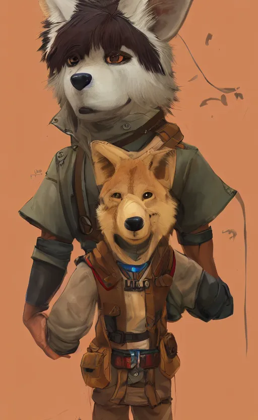 Prompt: stylized 3 / 4 portrait concept art of the anthro anthropomorphic dingo dog head animal person fursona wearing clothes adventurer standing in australia outback, hidari, color page, tankoban, 4 k, tone mapping, akihiko yoshida