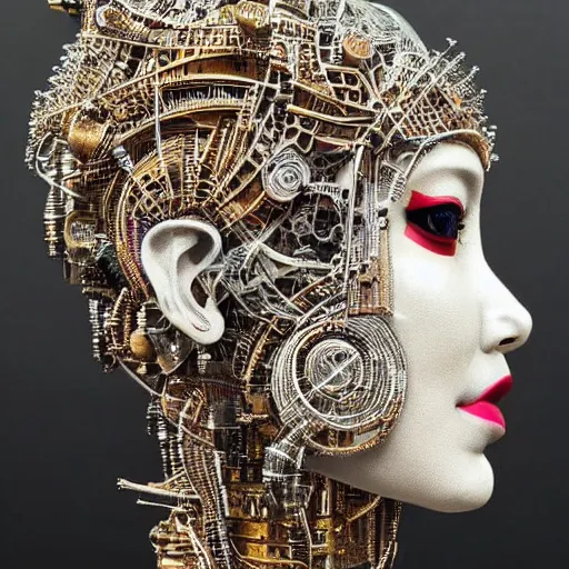 Image similar to close - up side view portrait of cyborg ( ( ( ( ( ( ( geisha ) ) ) ) ) ) ), robotic, machina, super intricate ornaments artwork.