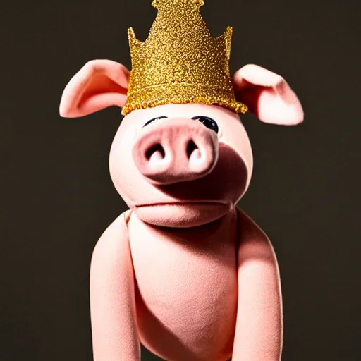 Image similar to studio photograph of a pig depicted as a muppet wearing a gold crown, front view