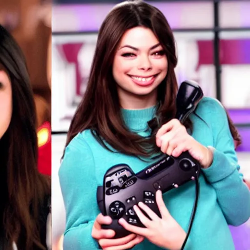 Prompt: miranda cosgrove holding a playstation 5 video game controller