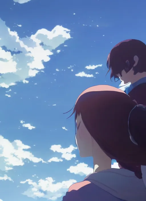 Image similar to daydreaming student, blue sky, daydreams appearing in the clouds, by makoto shinkai