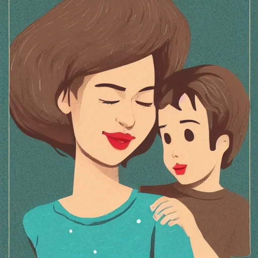 Image similar to beautiful cinematic style illustration where a mother appears with her happy son