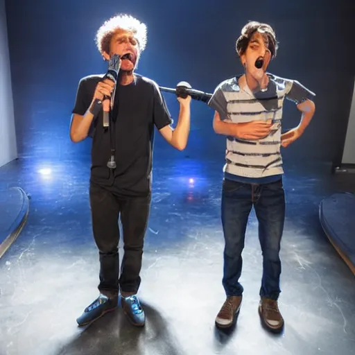 Image similar to Omer Adam and Arik Einstein are standing on a stage with microphones and singing, photorealistic