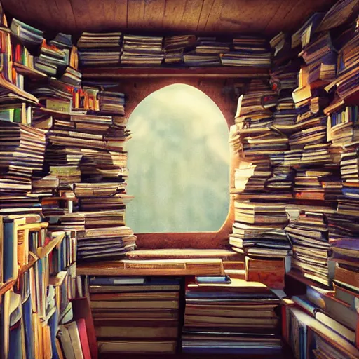 Image similar to books cave, a lot of books, many books everywhere, atmospheric, dof, wide angle, very coherent composition, masterpiece, incredible details, highly detailed, photorealistic, disney pixar, warm colours, atmospheric, cozy place, smooth, hole as a window, octane render, iridescent, 8 k