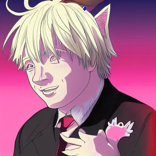 Prompt: cell shaded anime key visual of boris johnson as a catgirl, moebius, makoto shinkai, dramatic lighting