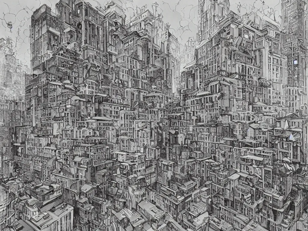Image similar to headquarters of transylvanian software company in communist times. painting by james jean