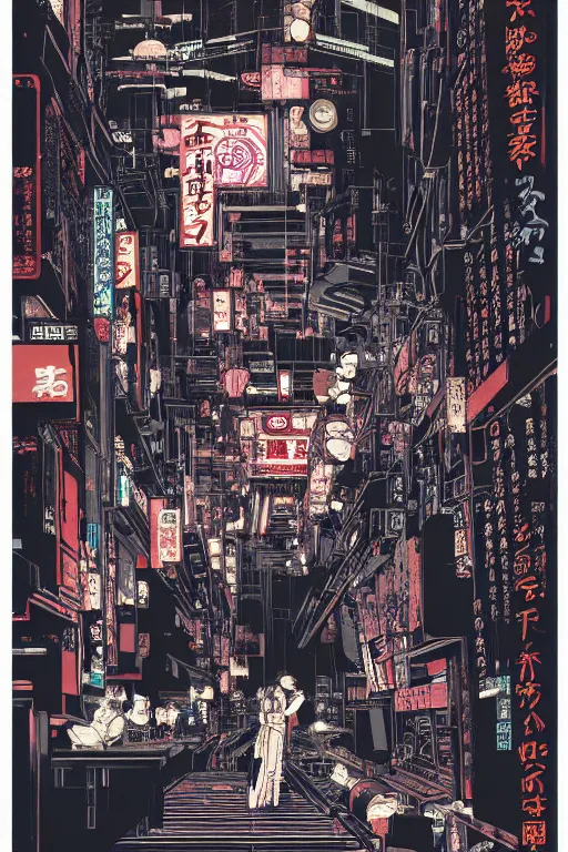 Image similar to futuristic japanese cyberpunk bladerunner silk screen by utagawa yoshiiku, ohara koson, pixiv contest winner, cyberpunk style, cyberpunk color scheme, mechanical, robotic, human machine interface, high resolution, hd, bold clear lines