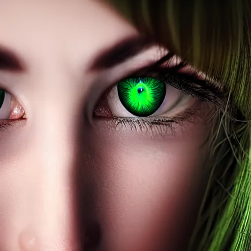 Prompt: Photo of a woman with green eyes and long hair. She is shy and she has tears in eye, long hair, photo realistic, hyper realism